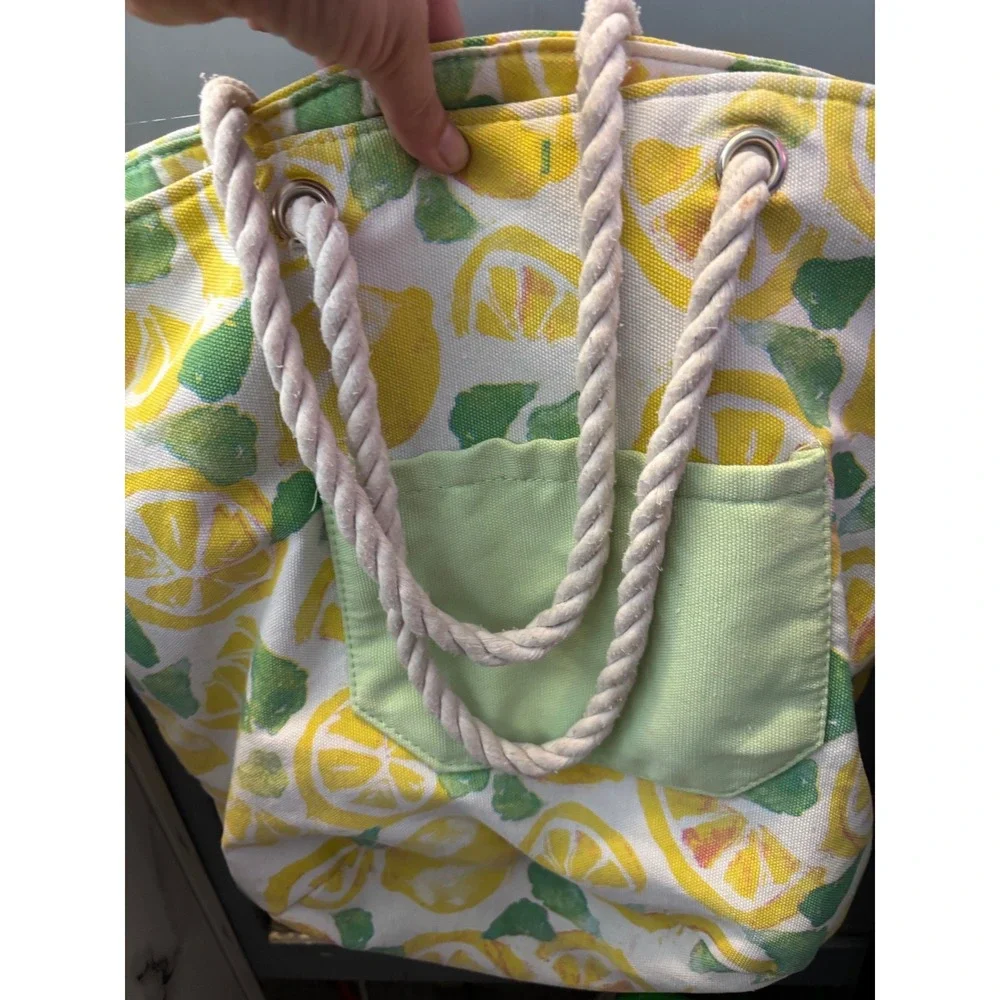 Lemon Print Canvas Tote Bag Yellow Green Citrus Rope Handle Beach Bag Pocket